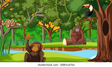 Forest Scene With Different Wild Animals  Illustration