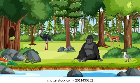 Forest scene with different wild animals  illustration