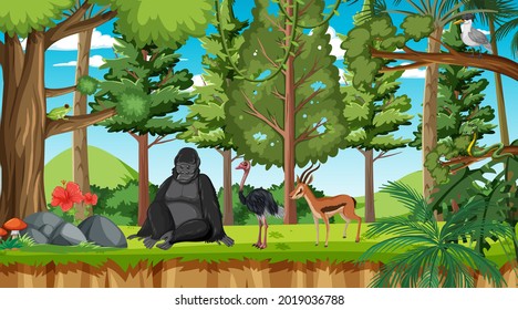 Forest scene with different wild animals  illustration