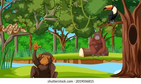 Forest scene with different wild animals  illustration