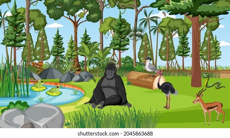 Forest scene with different wild animals  illustration