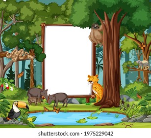 Forest scene with empty banner and many wild animals illustration