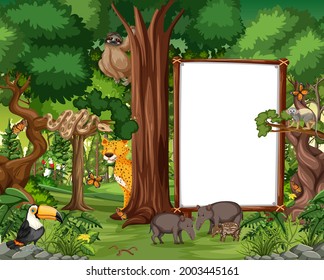 Forest scene with empty banner and many wild animals illustration