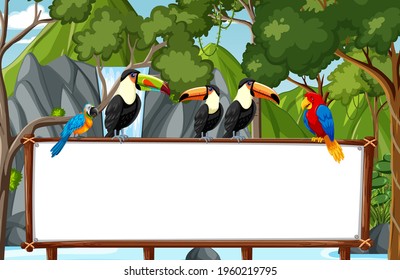 Forest scene with empty banner and wild animals illustration