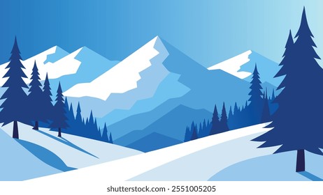 
Forest scene featuring trees blanketed in fresh, white snow, creating a tranquil winter landscape flat vector illustration