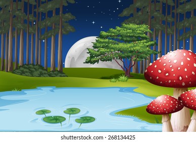 Forest scene with full moon sky and stars 