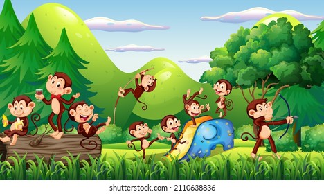 Forest scene with funny monkeys cartoon illustration