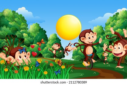 Forest scene with funny monkeys cartoon illustration