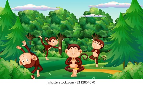 Forest scene with funny monkeys cartoon illustration