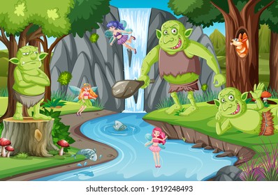 Escena forestal con ilustración de personajes de dibujos animados de goblin o troll