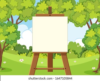 Forest scene with green trees and blank canvas illustration