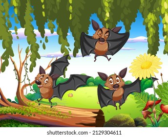 Forest scene with group of bats in cartoon style illustration