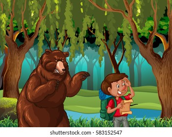 Forest scene with hiker and bear illustration