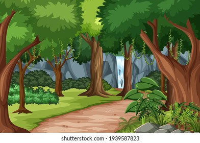 Forest scene with hiking track and many trees illustration