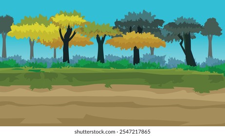 Forest scene with Liana and many trees game background  illustration