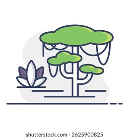 Forest scene with liana and tree icon. Nature sign. Graph symbol for travel and tourism web site and apps design, logo, app, UI