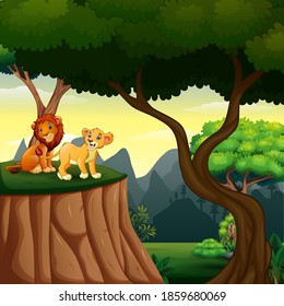Forest scene with lions on the cliff illustration