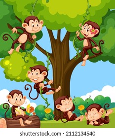 Forest scene with little monkeys doing different activities illustration