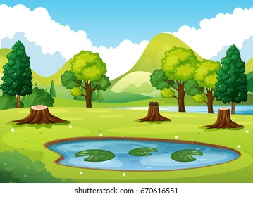 Forest scene with little pond illustration