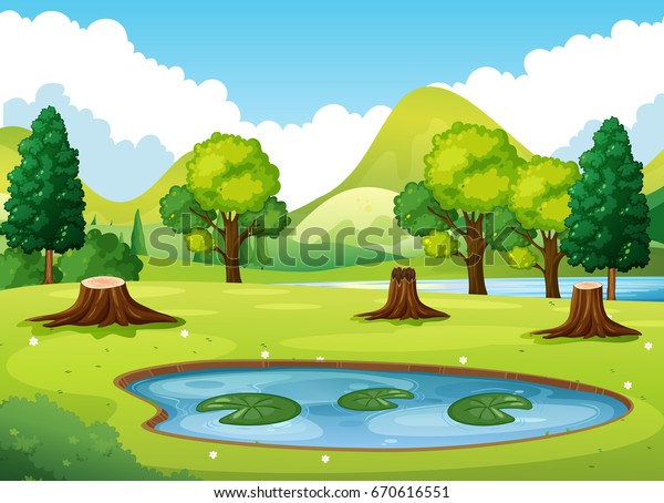 小さな池のイラストを持つ森のシーン のベクター画像素材 ロイヤリティフリー