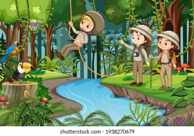 Forest scene with many children doing different activities illustration