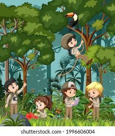 Forest scene with many children doing different activities illustration