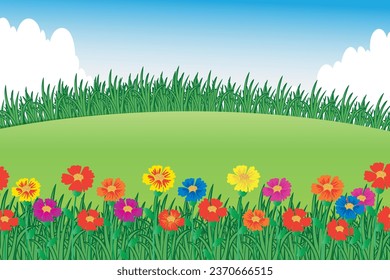 Forest scene with many colorful flowers Vector illustration.