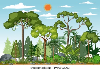 Waldszene mit vielen Bäumen zur Tageszeit - Illustration