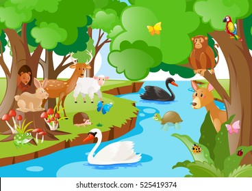 Forest scene with many types of animals illustration