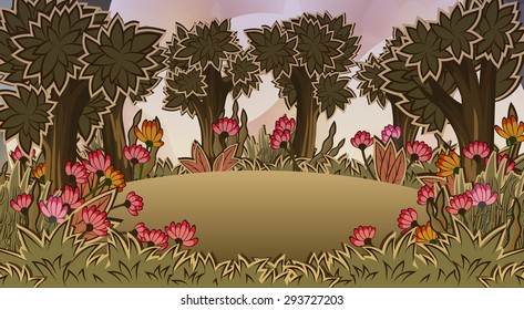 Forest scene with meadow and flowers