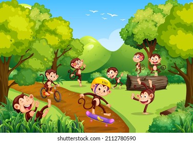 Forest scene with monkeys doing different activities illustration