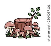 Forest scene with mushrooms growing around a tree stump mushroom woodland