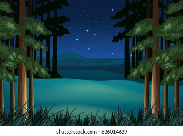 Forest scene at night with stars illustration