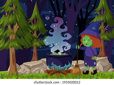 Forest scene at night with a witch spelling with potion pot illustration