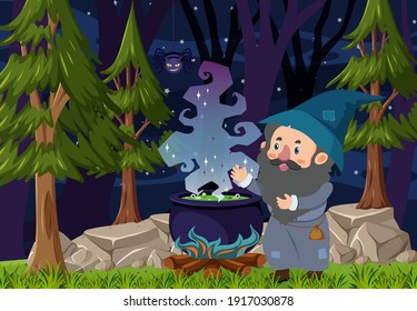 Forest scene at night with a wizard spelling with potion pot illustration