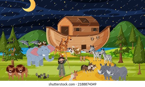 Forest scene with Noah's ark with animals illustration