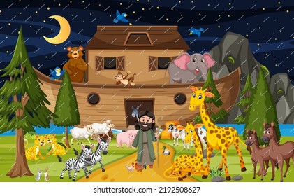 Forest scene with Noah's ark with animals illustration