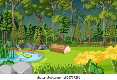 Forest scene with pond and many trees illustration