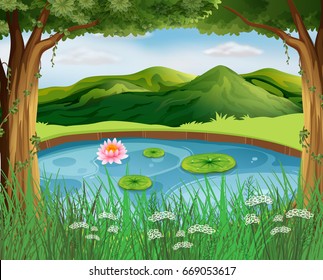 Forest scene with pond and mountains illustration