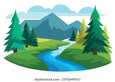 Forest Scene with River Running Through – Vector Illustration for Nature Lovers

