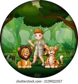 Forest scene with safari boy and animals in circular frame