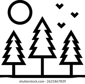 The forest scene showcases a striking silhouette with three pine trees under the sun with birds flying above them in a minimalist monochrome aesthetic. The trees offer a bold, simple representation.