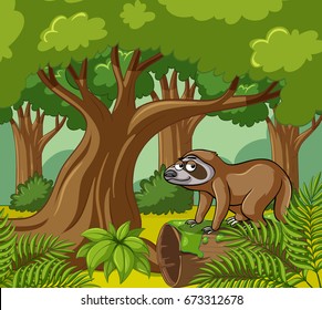 Forest scene with sloth on the log illustration