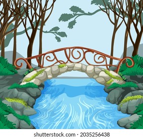 Forest scene with stone bridge cross the river  illustration