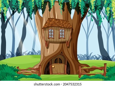 Forest scene with tree house inside the tree trunk illustration