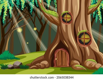 Forest scene with tree house inside the tree trunk illustration