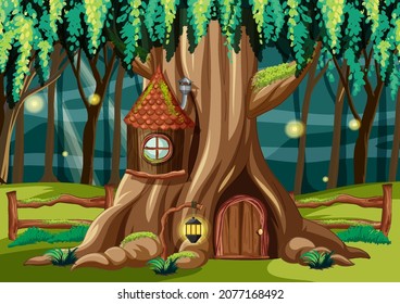 Escena forestal con casa de árbol dentro de la ilustración del tronco del árbol