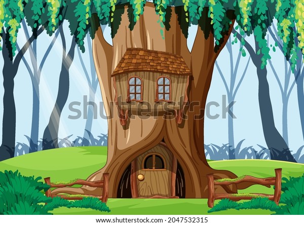 Forest scene with tree house inside the tree trunk mural illustration