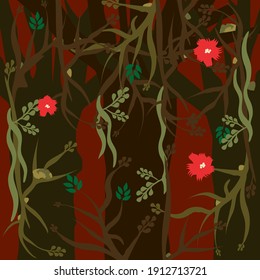 Forest scene with tree trunks, inter twine branches, moss, leaves, and  flowers with a burnt orange background. Mother nature.