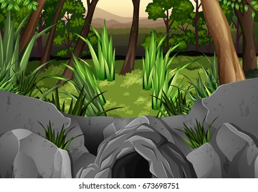 Forest scene with trees around cave illustration